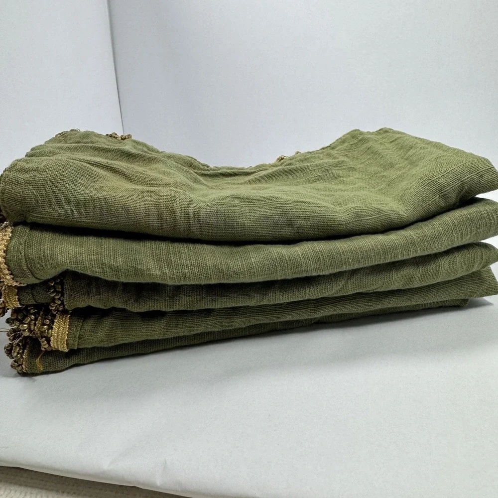 Boho Chic Olive Green Linen Dinner Napkins Antique Gold Glass Seed Bead Trim X5